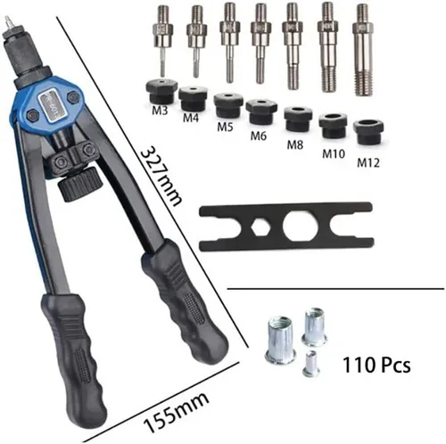Vista 2 de YWHWXB Herramienta de tuerca de remache, kit de ajuste de tuercas remachadoras de mano de 13 pulgadas, 110 tuercas remachadoras resistentes M3-M12