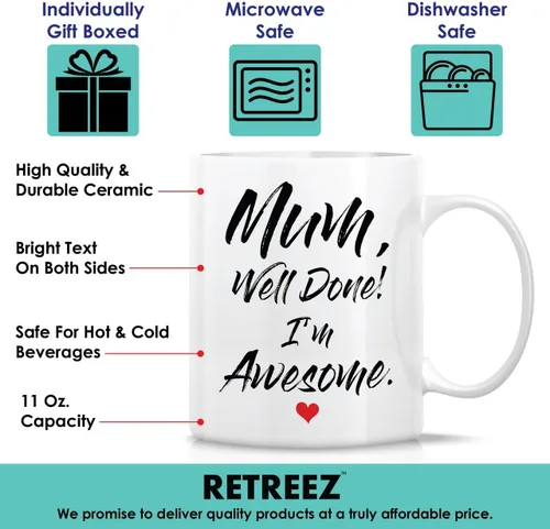 Vista 3 de Retreez - Taza divertida con texto en inglés "Mum Well Done I'm Awesome", 325 ml, tazas de café de cerámica, mensaje divertido, sarcástico