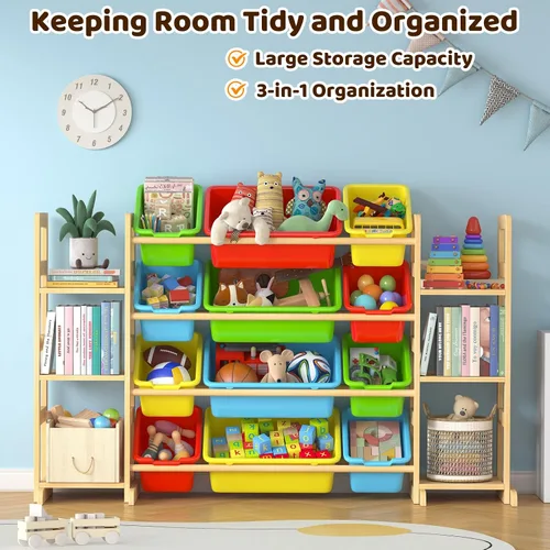 Vista 3 de Organizador grande de almacenamiento de juguetes para niños, organizador de juguetes y estantería combinada con 12 contenedores y 6 estantes, caja