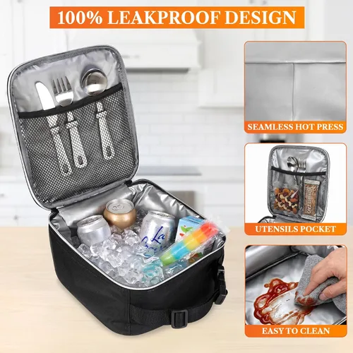 Vista 4 de OPUX lonchera aislada de alta calidad Bolsa de almuerzo escolar suave hermética para niños y niñas Durable y reutilizable como lonchera de Negro