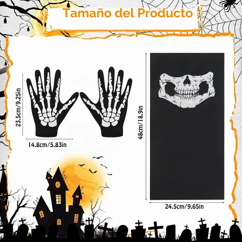Vista 3 de Juego de guantes de esqueleto y máscara de calavera de Halloween