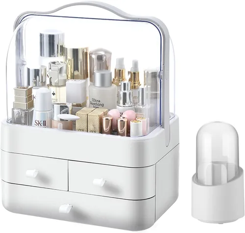 Vista 8 de Organizador de maquillaje grande con soporte para pinceles, organizador de cuidado de la piel impermeable y a prueba de polvo con tapa y cajones