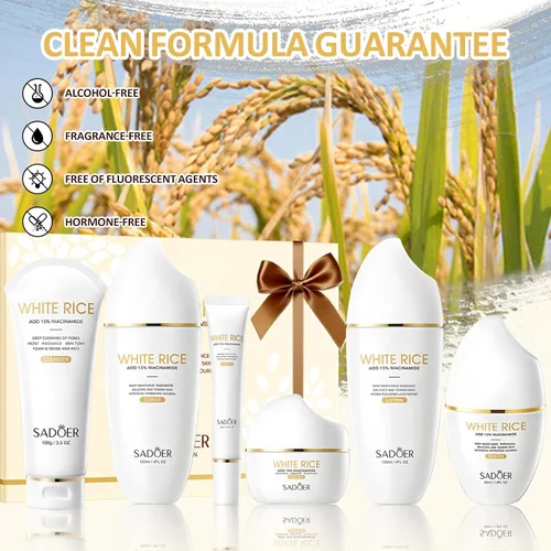 Vista 7 de FOR SADOER Rice Niacinamide Skincare Set – Kit de 6 piezas de cuidado de la piel reafirmante con limpiador, tónico, loción, crema para los ojos