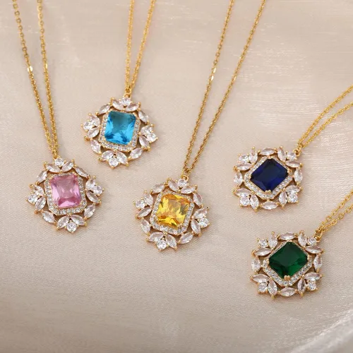 Vista 6 de LoyJoy - Collar clásico de océano para mujer collar con colgante geométrico de diamantes de imitación azul y rosa joyería fina para fiesta