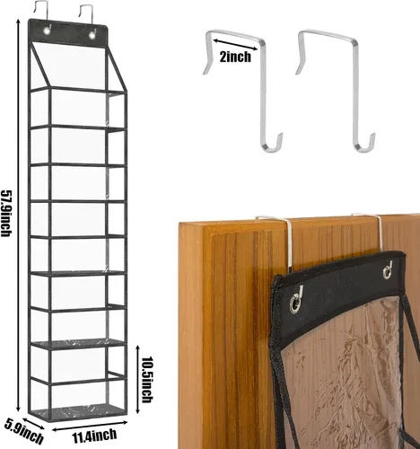 Vista 2 de Organizador de despensa de 5 estantes con bolsillos transparentes, almacenamiento colgante resistente para armario, dormitorio, baño y guardería