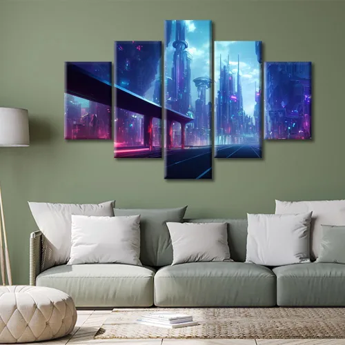 Vista 124 de Cuadros de 5 paneles de Cyberpunk City, arte de pared, representación de vallas publicitarias, edificios modernos en la capital con obras de arte
