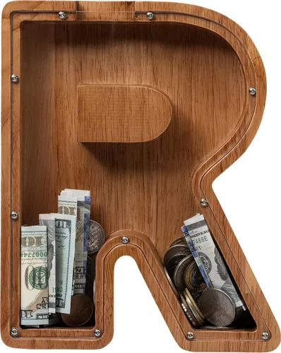 Vista 26 de Alcancía para niños y niñas, alcancía de madera con letra grande del alfabeto con inicial A, banco de monedas, regalos divertidos para cumpleaños