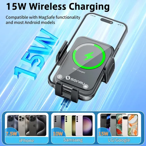 Vista 3 de SONRU Cargador inalámbrico Qi de 15 W, cargador inalámbrico de coche de carga rápida, sujeción automática, soporte de succión para salpicadero