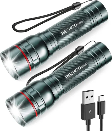 Vista 21 de RECHOO Linternas recargables de alta luminosidad, G1000 súper brillante, pequeña linterna LED con zoom y 3 modos de iluminación, linterna táctica