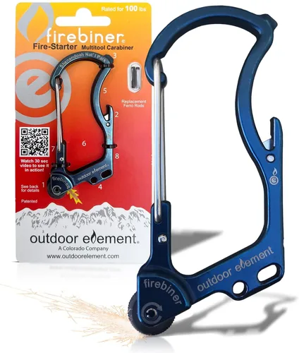 Vista 9 de OUTDOOR ELEMENT Firebiner 6-en-1 - Mosquetón Iniciador de Fuego EDC Multiherramienta de Emergencia - Llavero, Cuchilla Utilitaria, Abrebotellas y Más