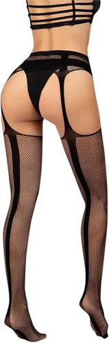 Vista 2 de Lencería sexy para mujer, liguero, medias sin entrepierna para muslo, lencería de red para sexo travieso, Negro