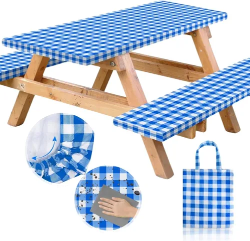 Vista 18 de RNOONY Cubierta de Mesa de Picnic de Vinilo Ajustable con Fundas de Banco y Bolsa, Mantel de 6 pies para Exteriores Impermeable y Resistente al
