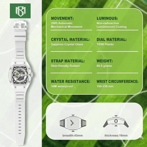 Vista 2 de MINBER Skeleton Automatic Watch, 43mm Dial with Luminous Hands, Self Winding Watch, 3 ATM Waterproof, TR90 Plastic, Business Casual Sporty Design