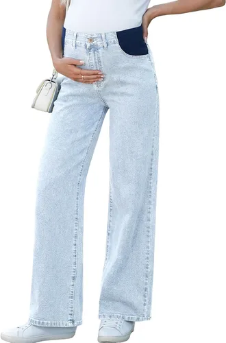 Vista 8 de BLENCOT Vaqueros de maternidad para mujer de cintura alta con pierna recta, pantalones de embarazo de mezclilla con bolsillos