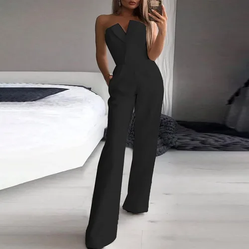 Vista 2 de ZSDVBZS Overol sexy para mujer, con hombros descubiertos, casual, sin tirantes, pantalones de pierna ancha, elegante, cuello en V, trajes de una