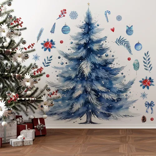 Vista 5 de 59x47 Pulgadas Adhesivos de Árbol de Navidad Azul Grande para Pared, Extraíbles DIY, Adhesivos de Árbol de Navidad Acuarela Gigantes para Baño