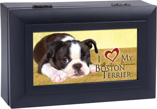 Vista 3 de Cottage Garden Love My Boston Terrier - Joyero negro mate con caja de música que reproduce un mundo maravilloso