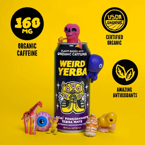 Vista 5 de Bebe Weird Organic Acai Pomegranate Yerba Mate – Latas de 16 onzas, 160 mg de cafeína orgánica, paquete de 12 – Alternativa a bebidas energéticas