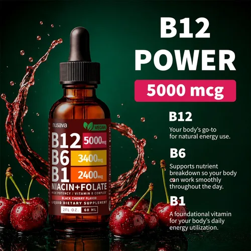 Vista 5 de NUSAVA Vitamina B12 5000mcg con gotas líquidas B6 y B1, cereza negra