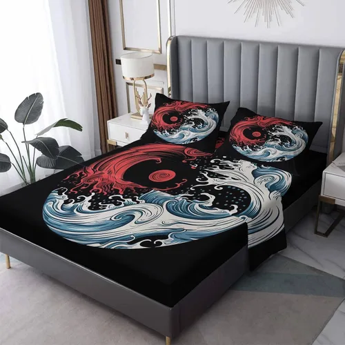 Vista 9 de Yin Yang - Juego de sábanas tamaño individual, sábanas japonesas, microfibra suave y bolsillo profundo, sábanas y fundas de almohada estampadas sin