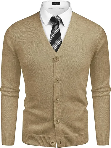 Vista 8 de COOFANDY Suéter de punto con cuello en V para hombre, casual, ligero, con botones