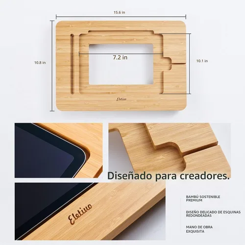 Vista 2 de ELETIUO Soporte ajustable para tablet con ranura para lápiz y cable de cargador, soporte de madera de bambú con múltiples ángulos, organizador