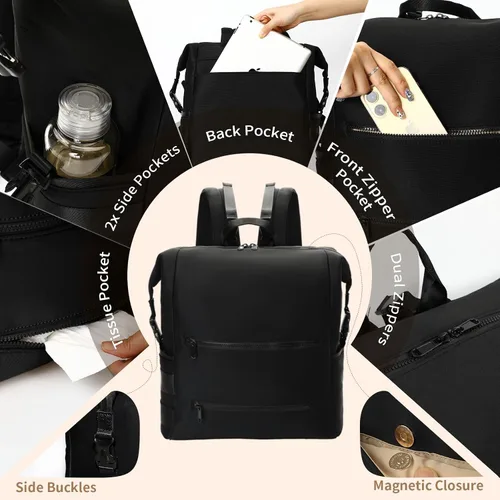 Vista 4 de Omanmoli Mochila para pañales, bolsa grande de neopreno para niños y niñas con 15 organizadores de bolsas de pañales, 2 bolsillos aislados, Negro