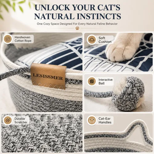 Vista 5 de Cesta de cama para gatos de interior Cuerda de algodón tejida a mano con Gris