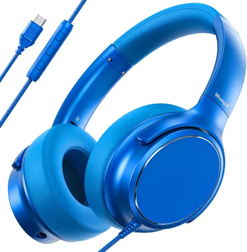 Vista 19 de Auriculares con cable USB C sobre la oreja con micrófono, control de volumen, puerto compartido y diadema ajustable, auriculares estéreo plegables