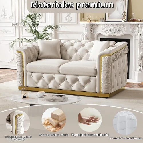 Vista 5 de Sofá de dos plazas Chesterfield de terciopelo de 62.2 pulgadas, sofá de lujo blanco y dorado, beige Gris