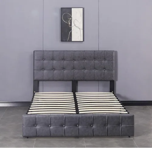 Vista 4 de Anwick Moderna cama de plataforma tapizada con cabecera ajustable, marco de cama tamaño King, marco de cama de tela tecnológica con botones