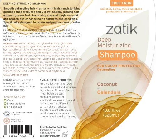 Vista 3 de Zatik Naturals - Champú hidratante profundo con coco y caléndula - Vegano, biodegradable, pH equilibrado, para cabello teñido y seco, libre