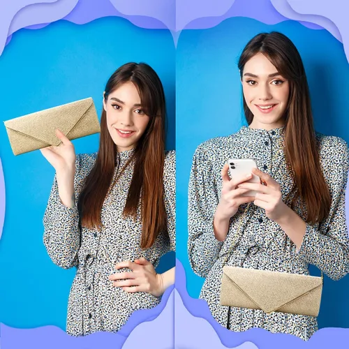 Vista 6 de Bolsos de mano para mujer, Bolso de sobre de noche con cadena desmontable, elegancia brillante