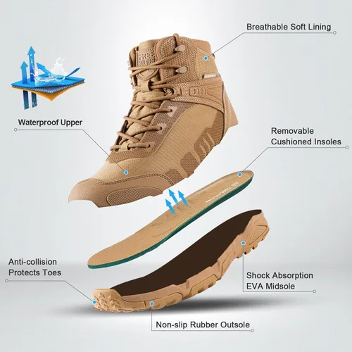 Vista 4 de FREE SOLDIER Men's Waterproof Hiking Boots Lightweight Work Boots Military Tactical Boots Durable Combat Boots