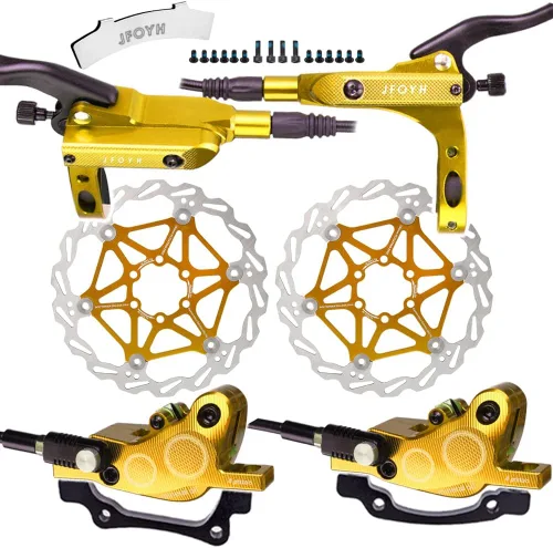 Vista 12 de JFOYH Juego de frenos hidráulicos MTB de 4 pistones con rotores de disco flotante de 6.299 in, kit de freno de disco hidráulico delantero y trasero