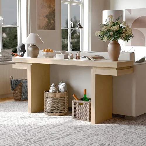 Vista 25 de Mesa consola de madera de 45 pulgadas para mesa de entrada, consola minimalista estrecha retro de granja con madera de mango maciza, mesas de sofá