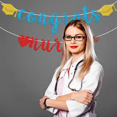 Vista 7 de Cartel de felicitaciones con purpurina, decoraciones de fiesta de graduación de enfermera, suministros de fiesta de graduación de enfermería