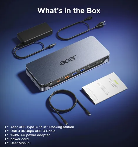 Vista 11 de Acer 16-in-1 DisplayLink Docking Station,Triple 4K@60Hz,130W Power Adapter