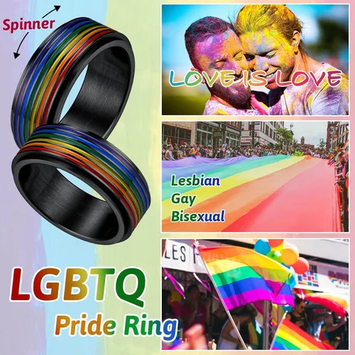 Vista 5 de FaithHeart Anillos para ansiedad LGBT Pride Rainbow, acero inoxidablechapado en oro de 18 quilates, joyería de amor es amor para hombres y mujeres