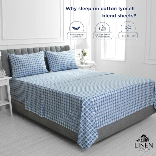 Vista 4 de Linen Home - Juego de sábanas estampadas mezcla de algodón percal y lyocell, prelavadas, individual, 3 piezas, 1 encimera, 1 bajera de bolsillo