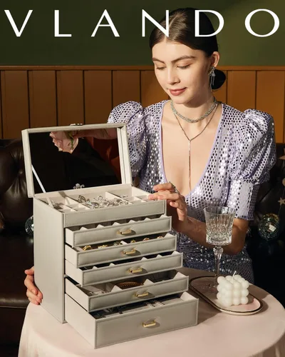 Vista 5 de Vlando Joyero grande, organizador de joyas con 5 cajones, cajas de joyería de cuero sintético para mujeres, anillos, pulseras, aretes, collares