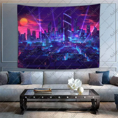 Vista 3 de Aidatain Tapiz de ciudad punk con paisaje urbano fresco para niños, tapiz tecnológico de franela de tamaño pequeño de 60 x 40 pulgadas, tapiz