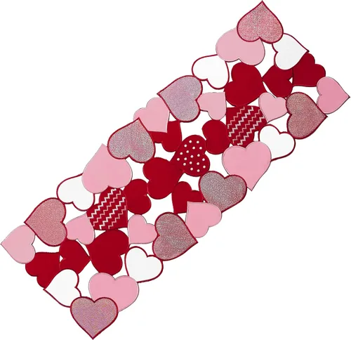Vista 2 de OWENIE Caminos de mesa para el día de San Valentín, centros de mesa de San Valentín, 13 x 36 pulgadas, decoración de mesa roja bordada con corazón