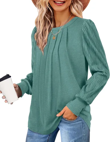 Vista 4 de XIEERDUO Camisas de manga larga plisadas con cuello redondo y manga abombada para mujer