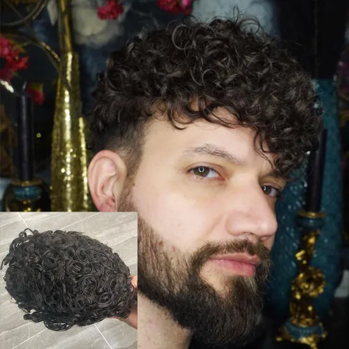 Vista 14 de SIMBEAUTY Cabello humano Remy indio 360 ondulado, 0.394 pulgadas, base de piel de tupé rizado, 10 x 8 pulgadas, para hombres negros con sistema
