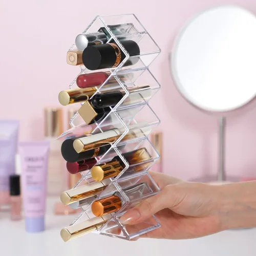 Vista 5 de Organizador de lápiz labial de 4 piezas, 16 espacios, torre de lápiz labial apilable en forma de pez, soporte de almacenamiento de brillo de labios