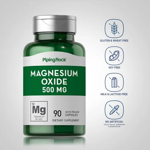 Vista 3 de Piping Rock Cápsulas de óxido de magnesio de 500 mg 90 unidades Suplemento sin OMG, sin gluten Non-GMO, Gluten Free Supplement