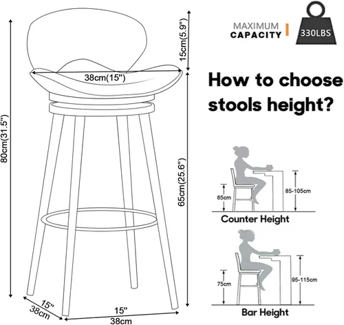 Vista 3 de Taburete de bar moderno con Patas de Metal Negro, giratorio de 360 grados, cómodo y tapizado, ideal para el hogar, bar, cocina, isla, comedor o Pub