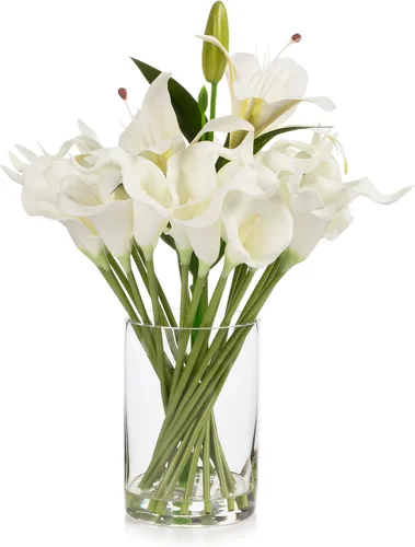 Vista 12 de Real Touch - Flores artificiales con jarrón, arreglo de flores artificiales en jarrón con agua sintética para decoración de mesa de comedor, centros