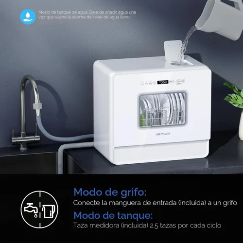 Vista 3 de AIRMSEN Lavaplatos de encimera grande y delgado con estante completo de 2 niveles, lavavajillas portátiles con tanque de agua incorporado de 5L, 3